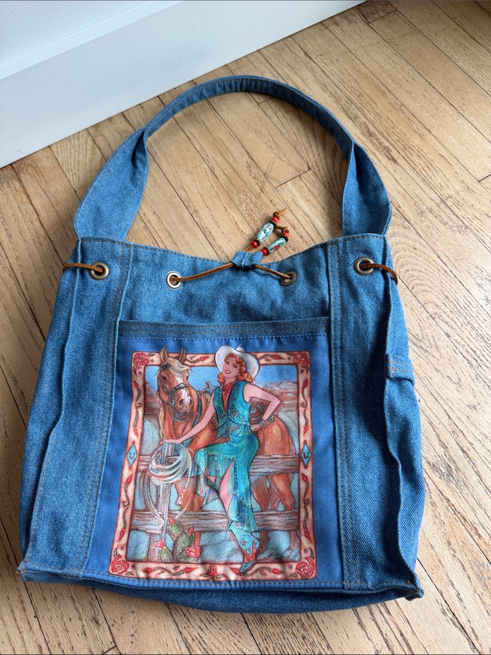 Denim Shoulder Bag with Western Print Panel - Blue